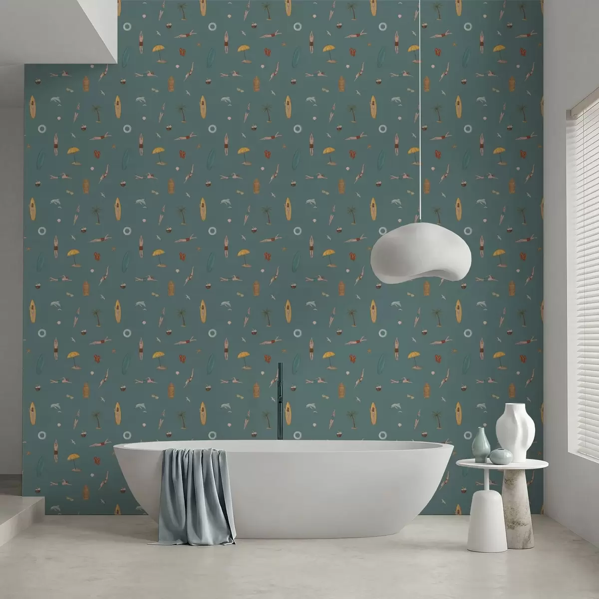 Behang Zwemmers, dolfijnen en tropische motieven op een donkere blauwgroene achtergrond a01275v3