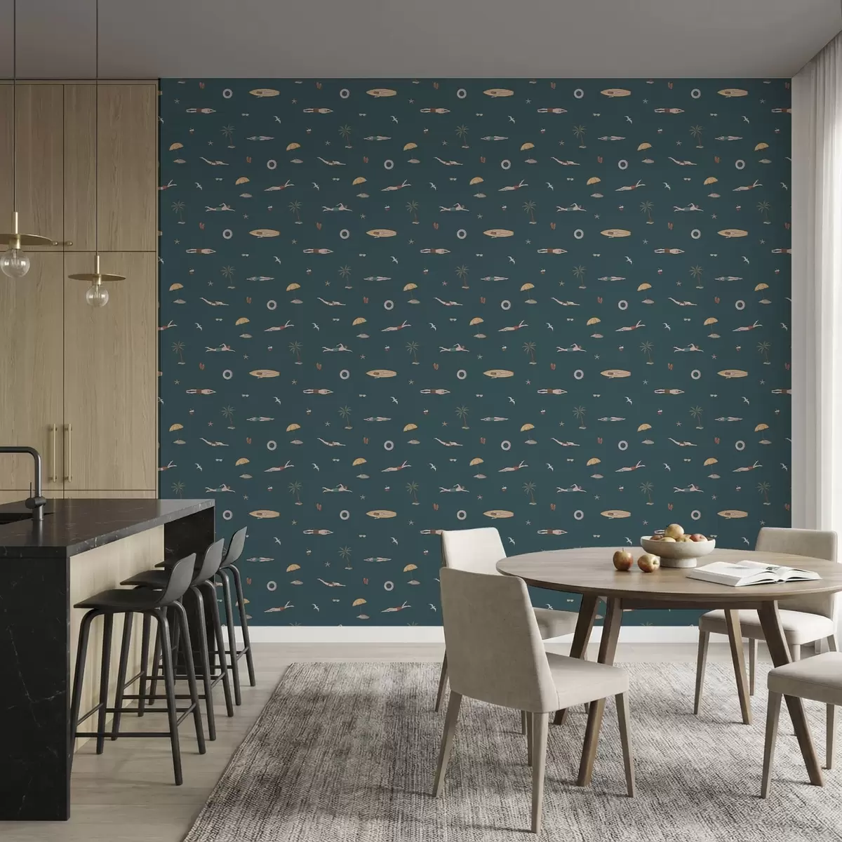 Behang Zwemmers, palmbomen en strandaccessoires op een donkerblauwe achtergrond a01276