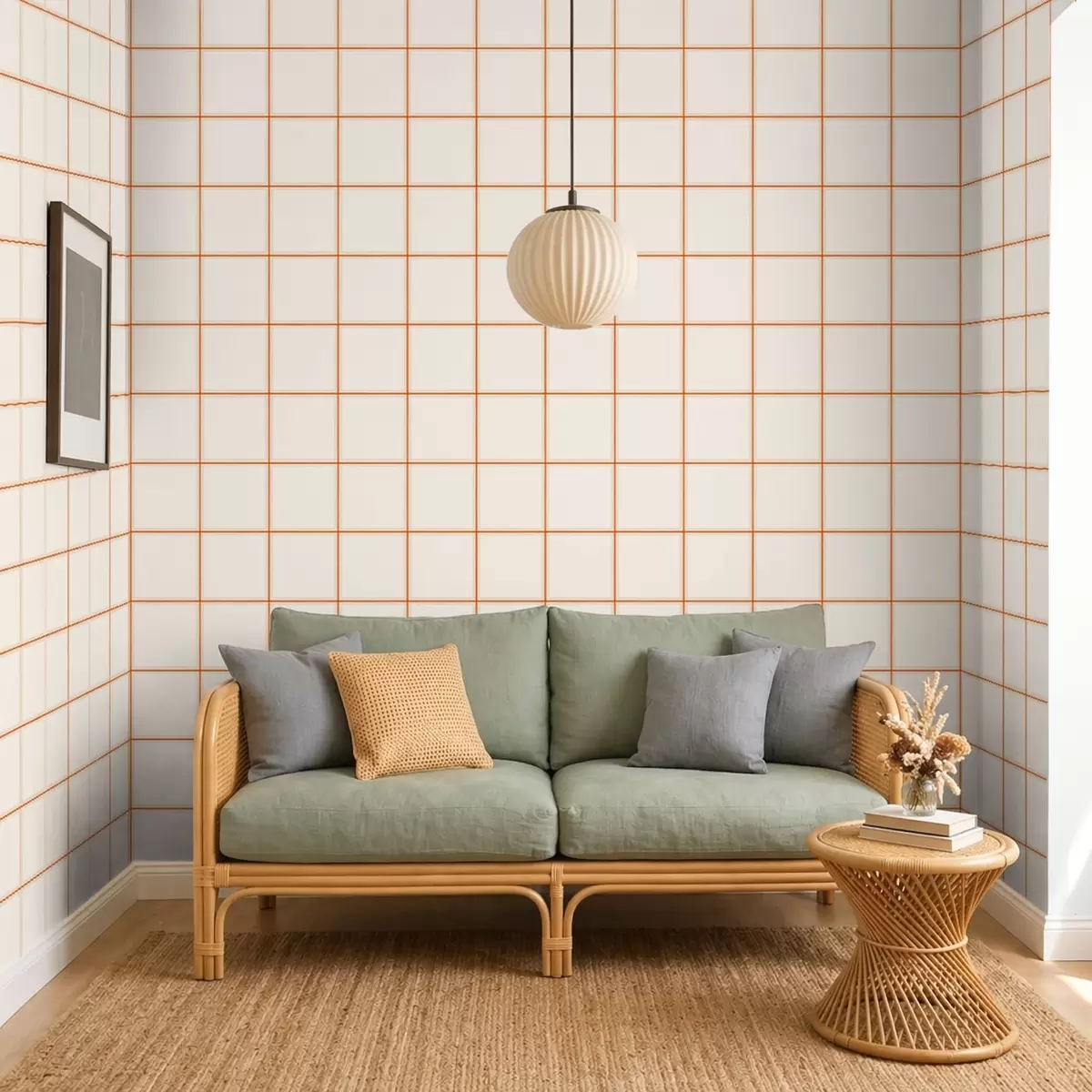 Behang Raster van negen beige vierkanten met terracotta randen a01277