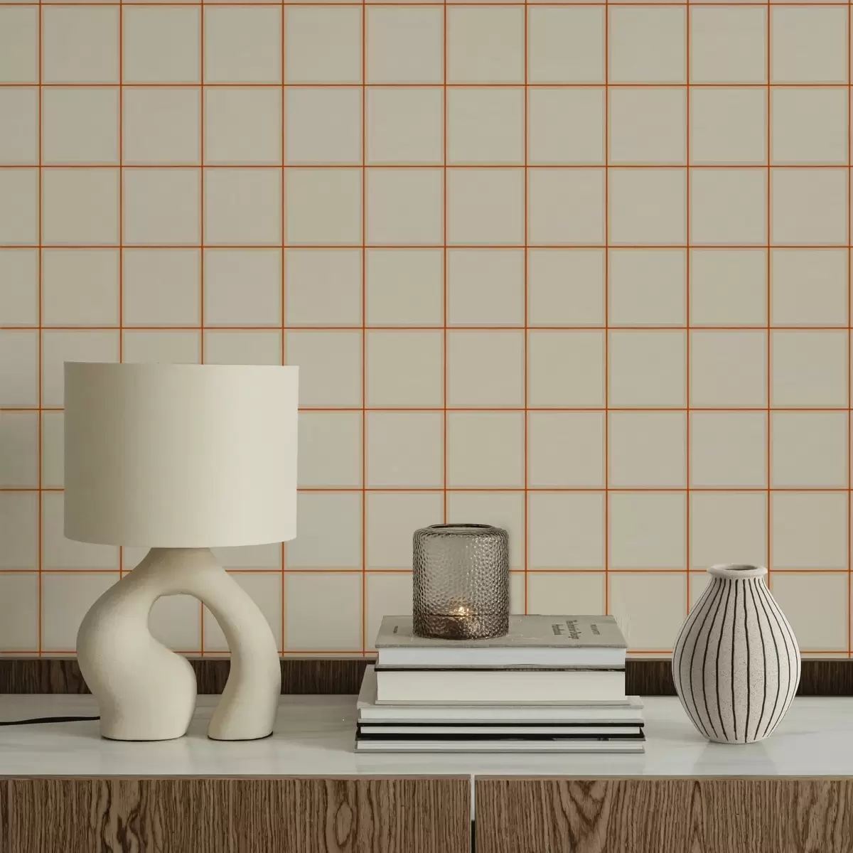 Behang Raster van negen beige vierkanten met terracotta randen a01277