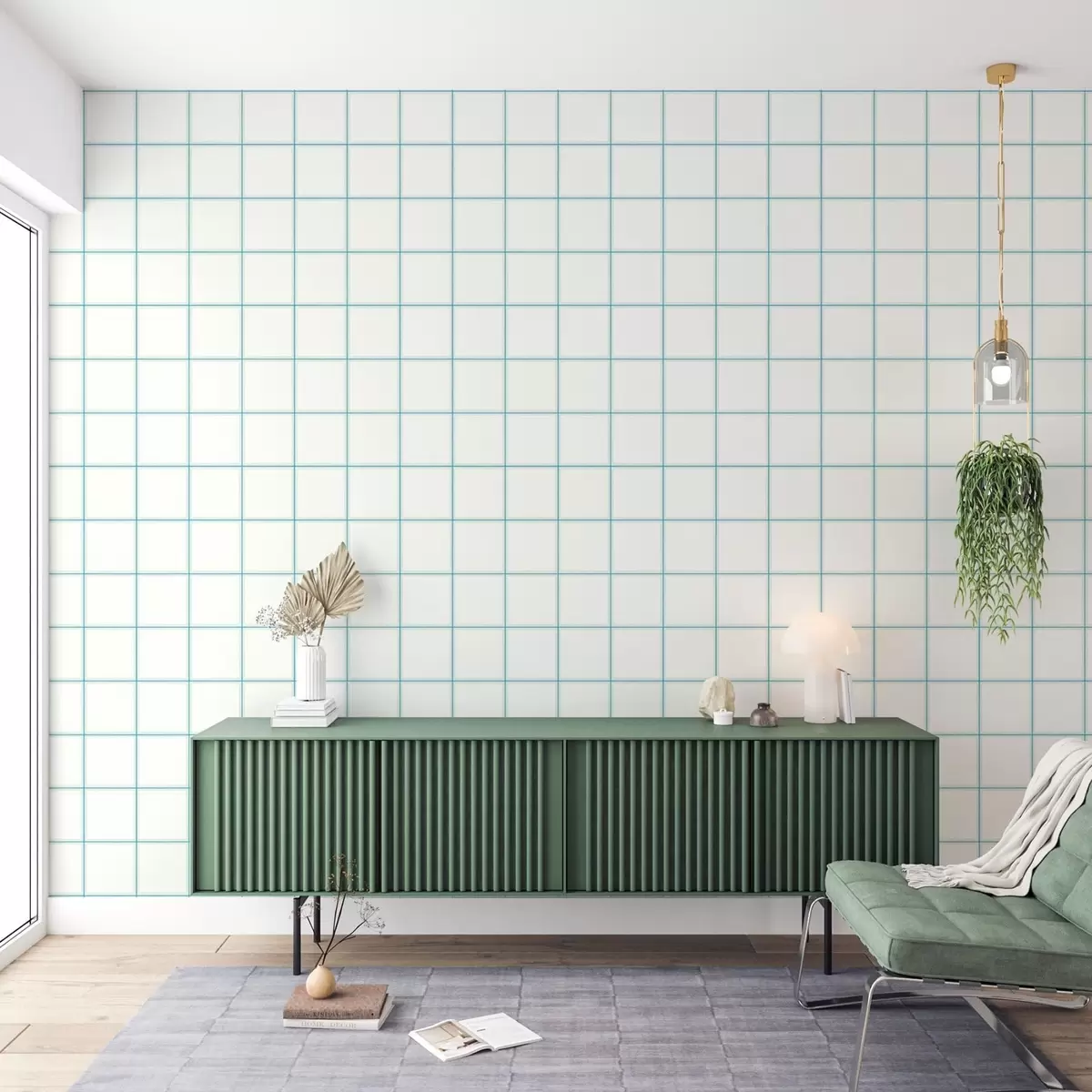 Behang Raster van negen witte vierkanten met lichtblauwe randen a01277v1
