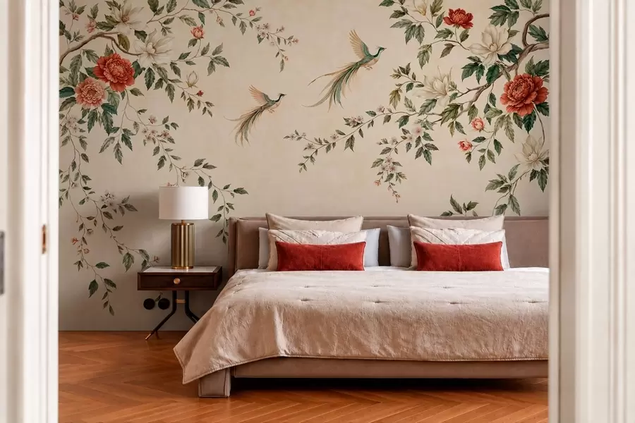 Fotobehang Bloeiende takken en paradijsvogels op een crèmekleurige achtergrond w05955