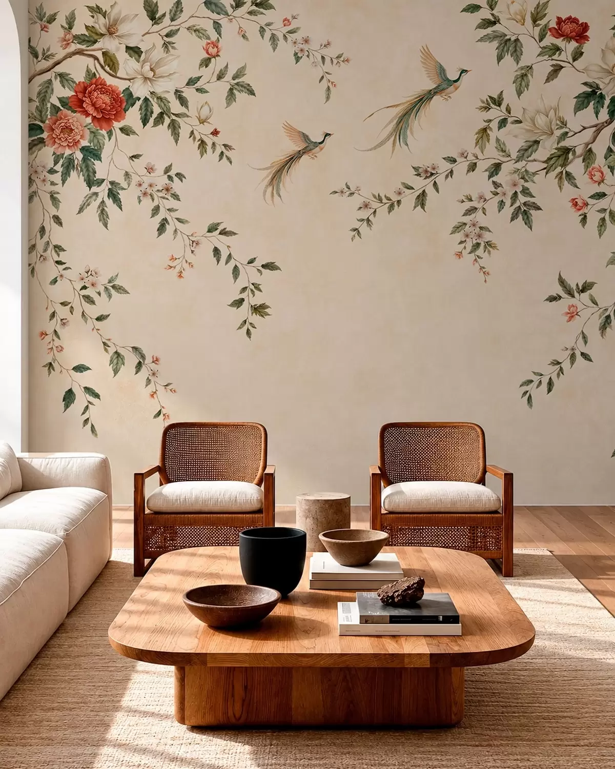 Fotobehang Bloeiende takken en paradijsvogels op een crèmekleurige achtergrond w05955