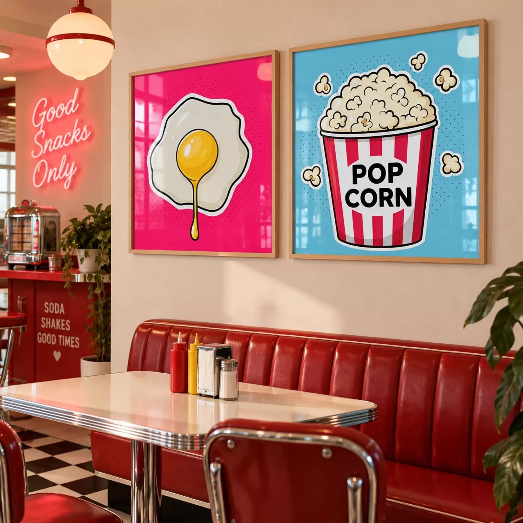 Fotobehang Ei op roze achtergrond en een emmertje popcorn d31076
