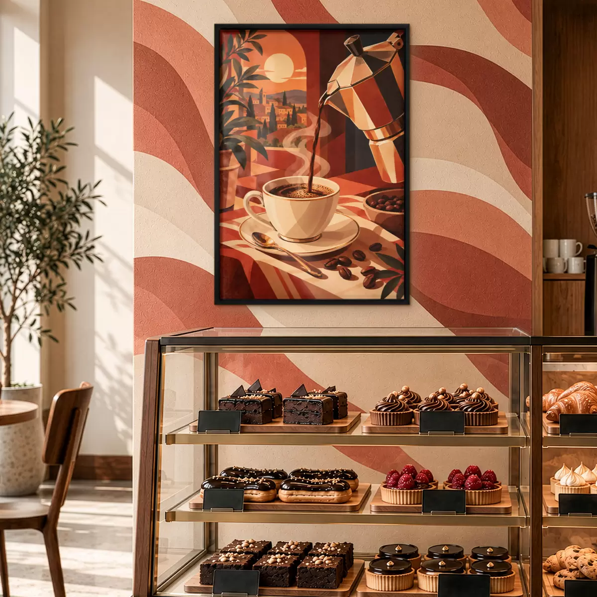 Poster Een kopje koffie in de ochtend met een prachtig uitzicht f50877