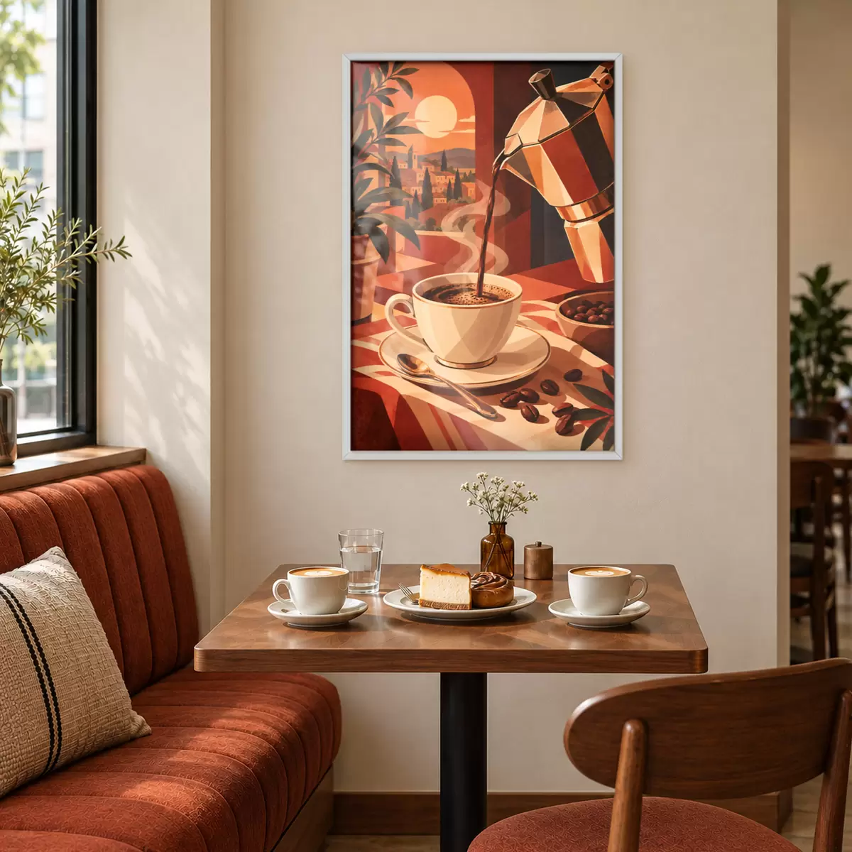 Poster Een kopje koffie in de ochtend met een prachtig uitzicht f50877
