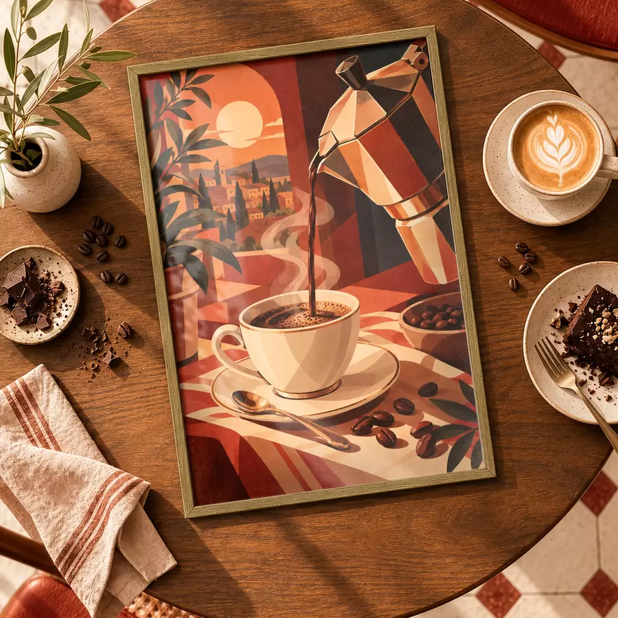 Fotobehang Een kopje koffie in de ochtend met een prachtig uitzicht f50877