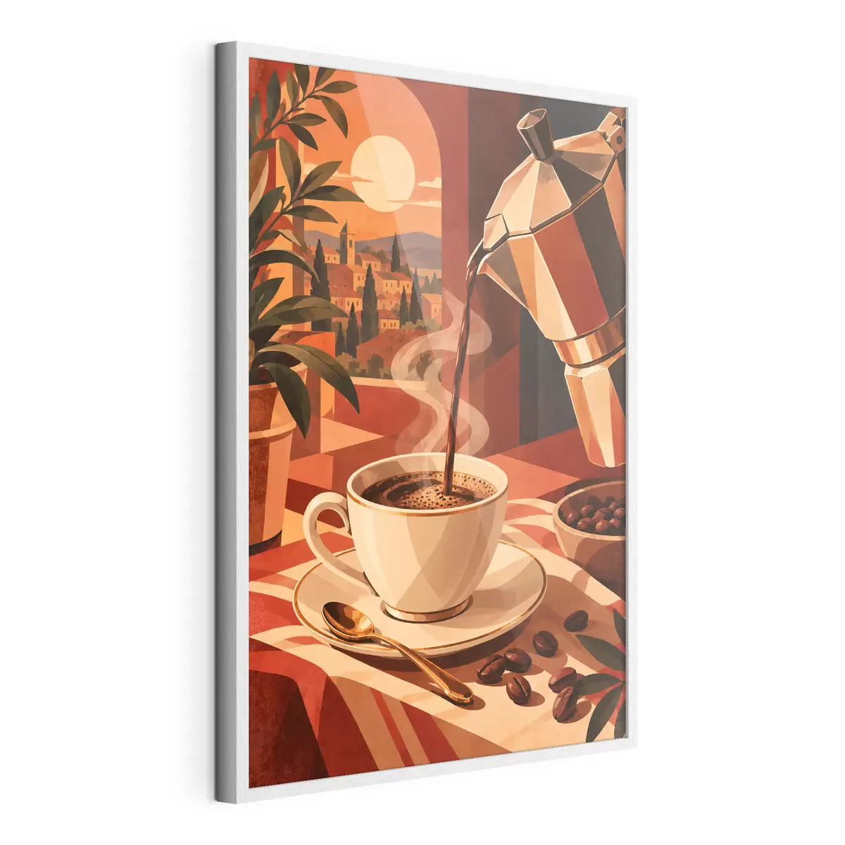 Poster Een kopje koffie in de ochtend met een prachtig uitzicht f50877