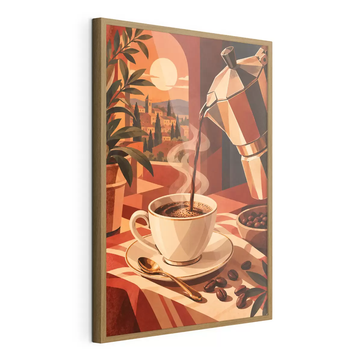 Poster Een kopje koffie in de ochtend met een prachtig uitzicht f50877