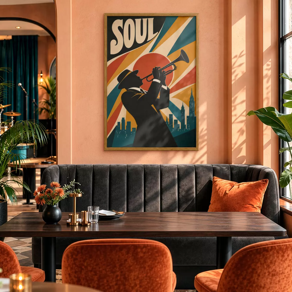 Poster Jazz weerklinkt door de skyline van de stad f50925