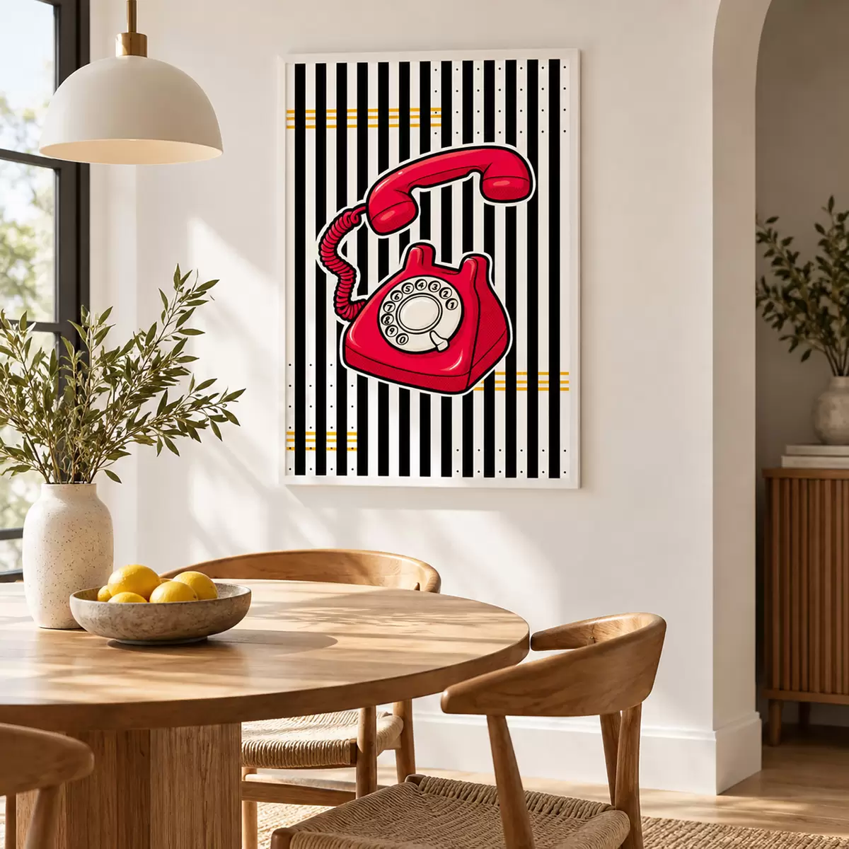 Poster Retro rode telefoon op opvallende strepen f50784