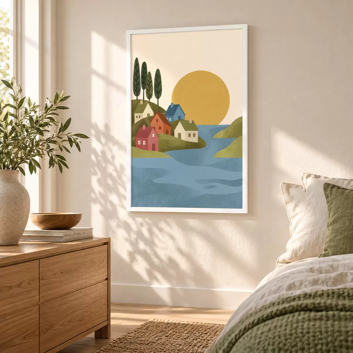 Poster Rustig dorpje aan de oever van de rivier f50734