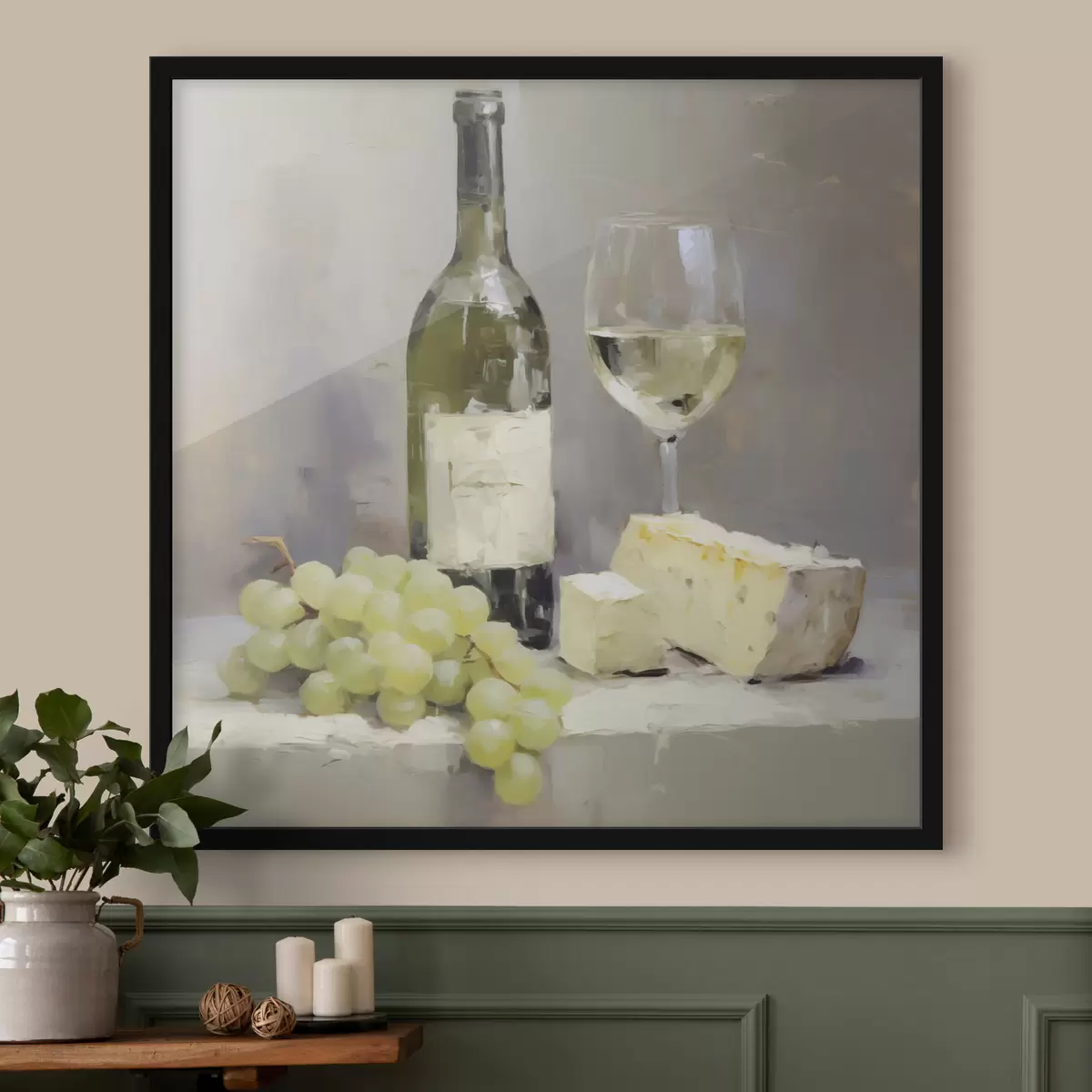 Poster Een fles wijn en druiven, een imitatie van een schilderij f51135