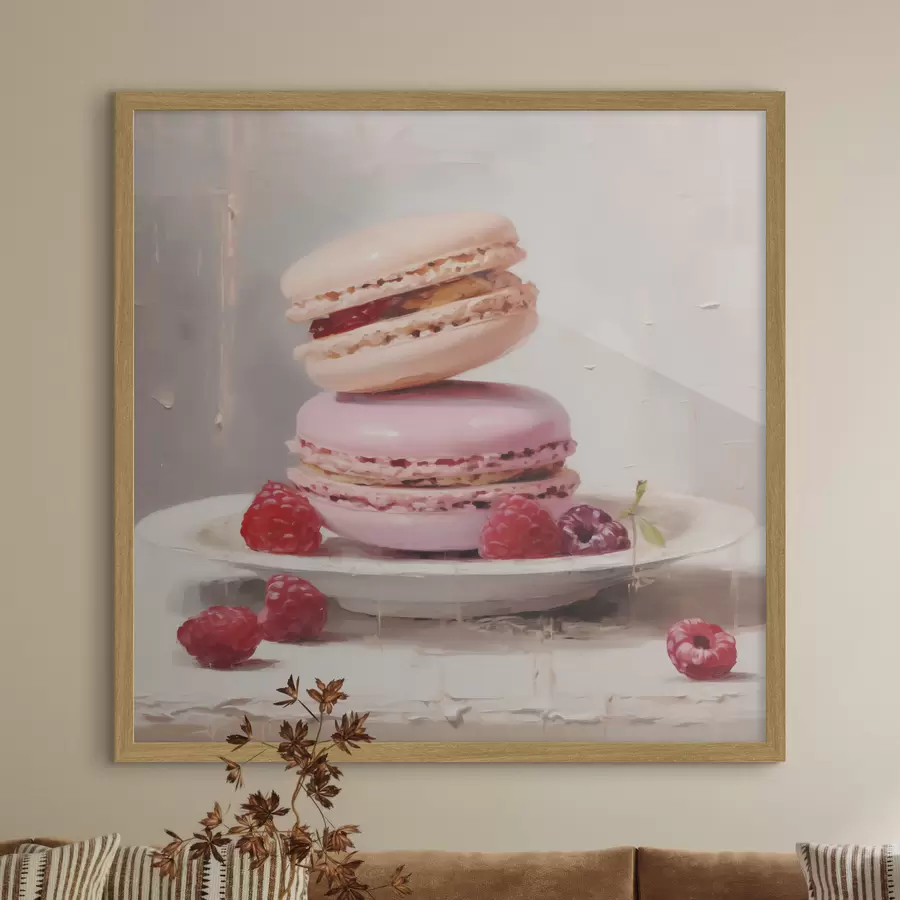 Fotobehang Macarons op een bord, in de stijl van een schilderij f51143