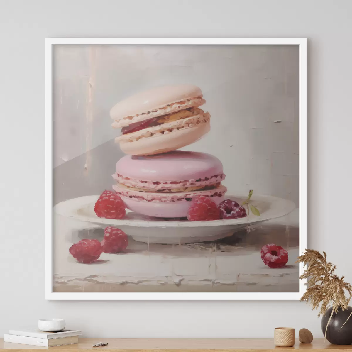 Poster Macarons op een bord, in de stijl van een schilderij f51143