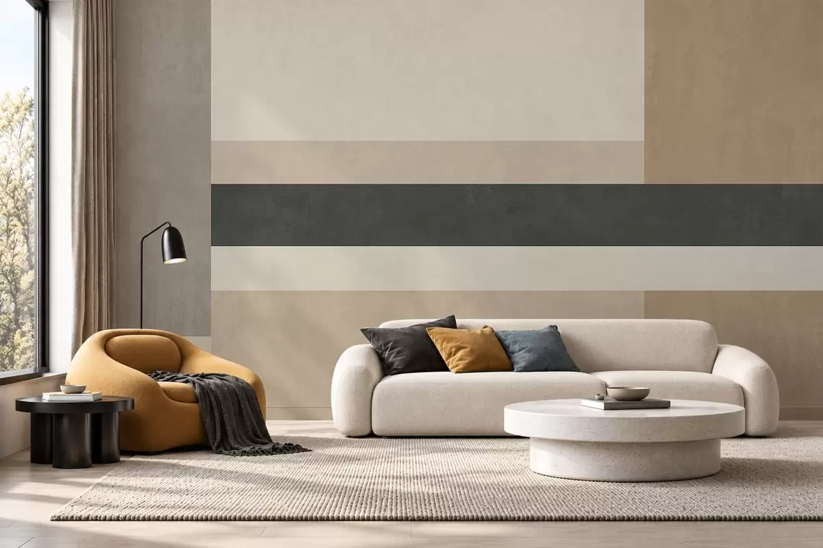 Fotobehang Abstracte rechthoeken in warme beige tinten met een donkere streep w05890