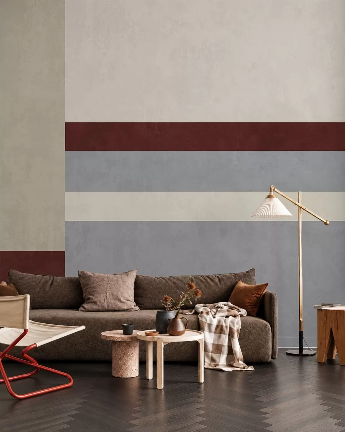 Fotobehang Abstracte geometrie met blokken in bordeauxrood, grijs en beige w05890v2