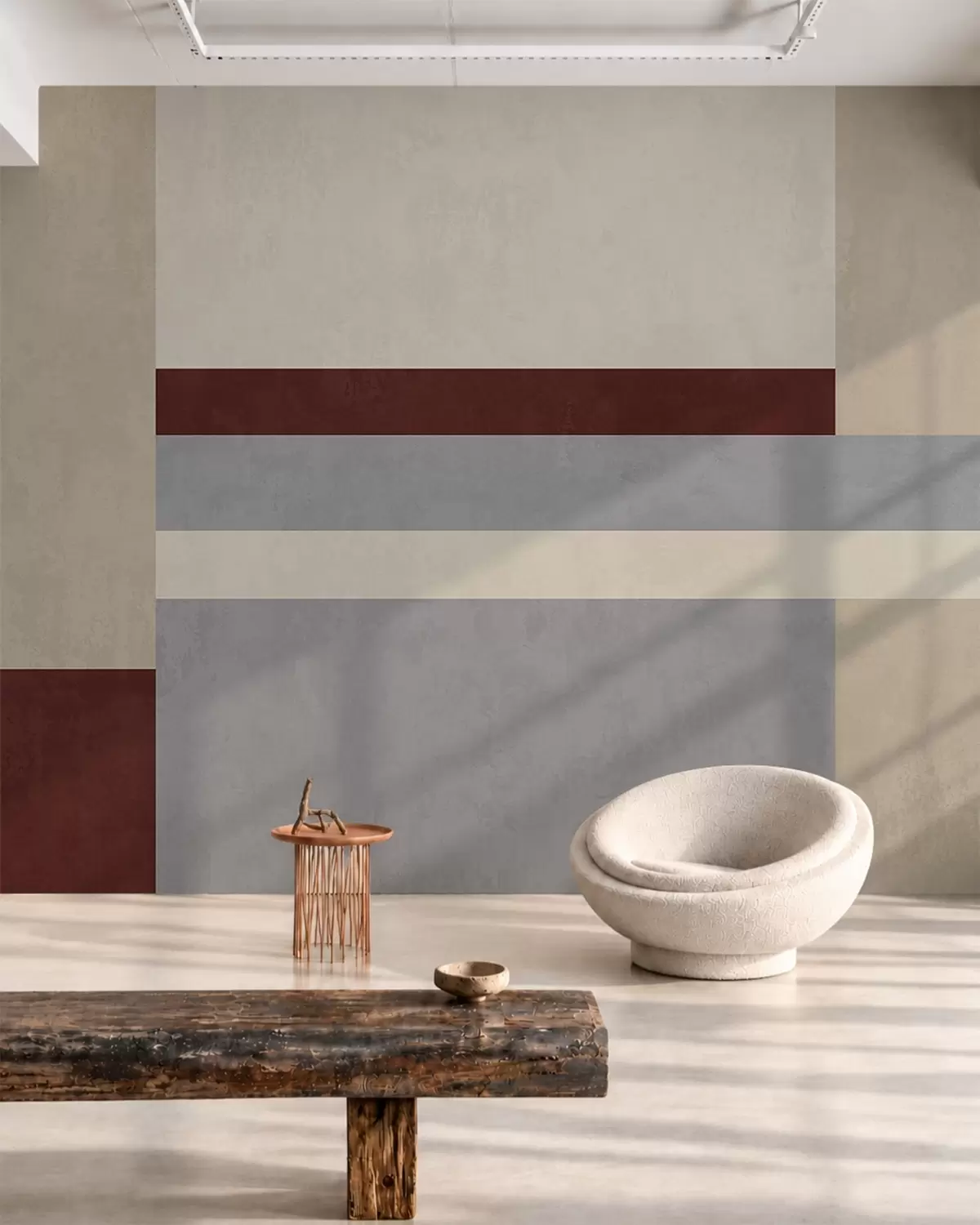 Fotobehang Abstracte geometrie met blokken in bordeauxrood, grijs en beige w05890v2