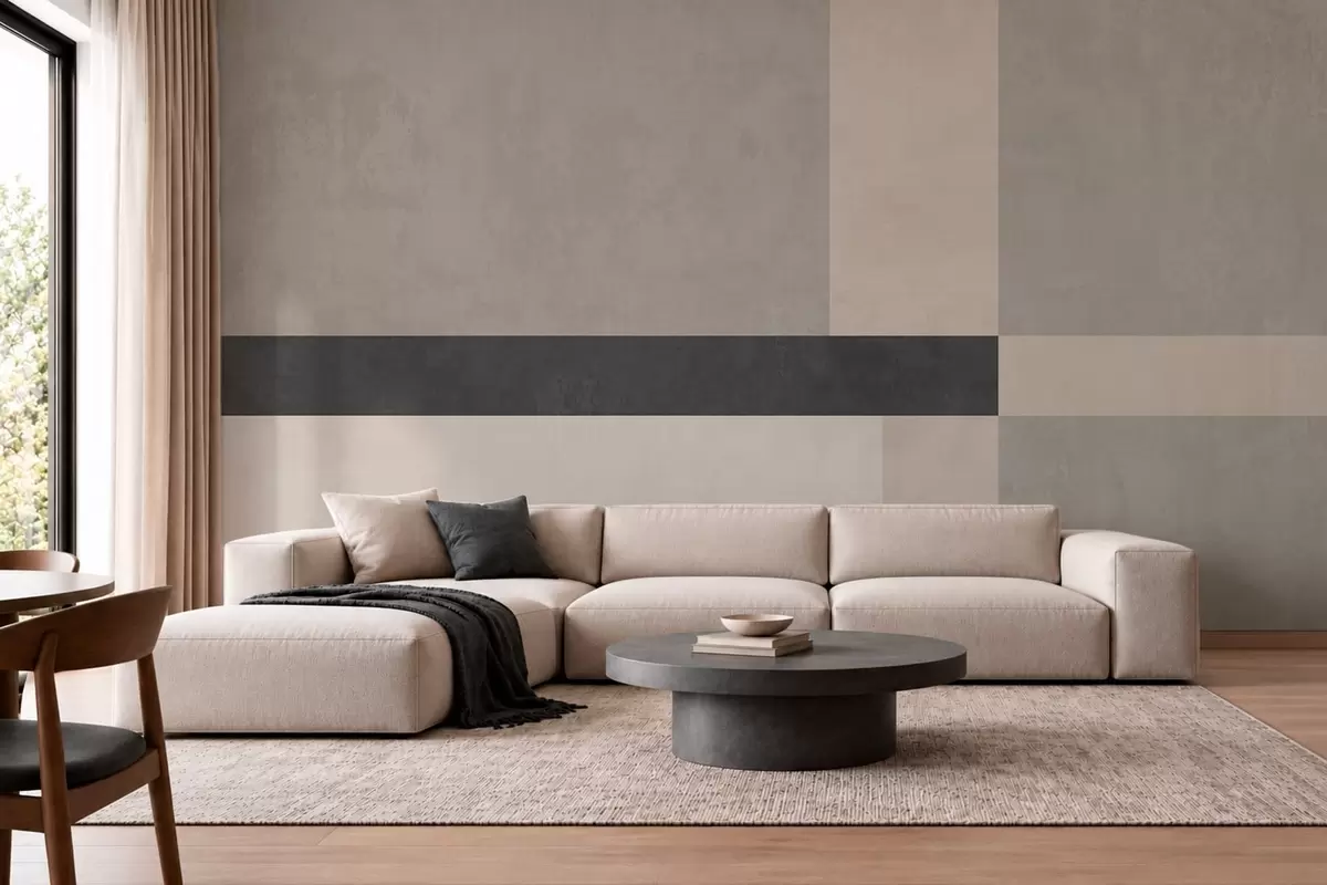 Fotobehang Abstracte geometrie met beige en grijze blokken en een donkere streep w05891