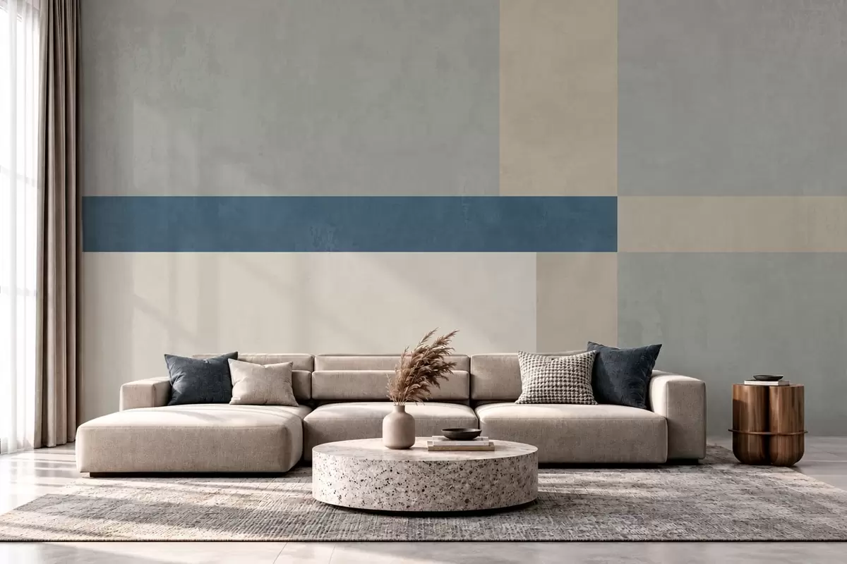 Fotobehang Geometrische blokken in grijze en beige tinten met een blauwe streep w05891v1