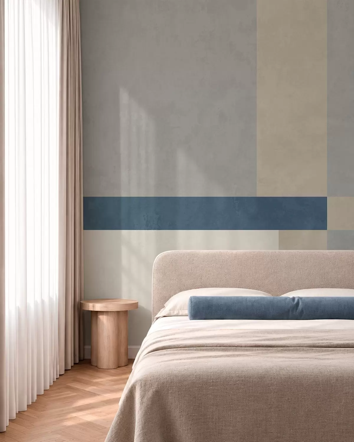 Fotobehang Geometrische blokken in grijze en beige tinten met een blauwe streep w05891v1
