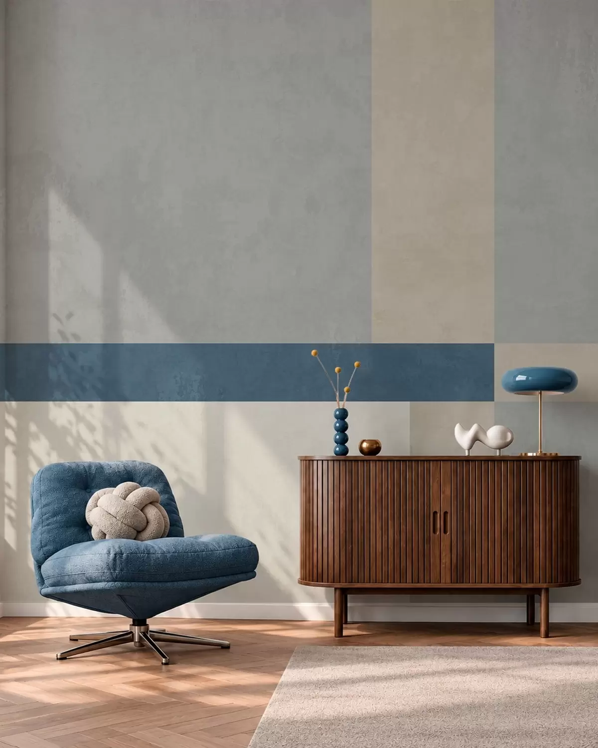 Fotobehang Geometrische blokken in grijze en beige tinten met een blauwe streep w05891v1