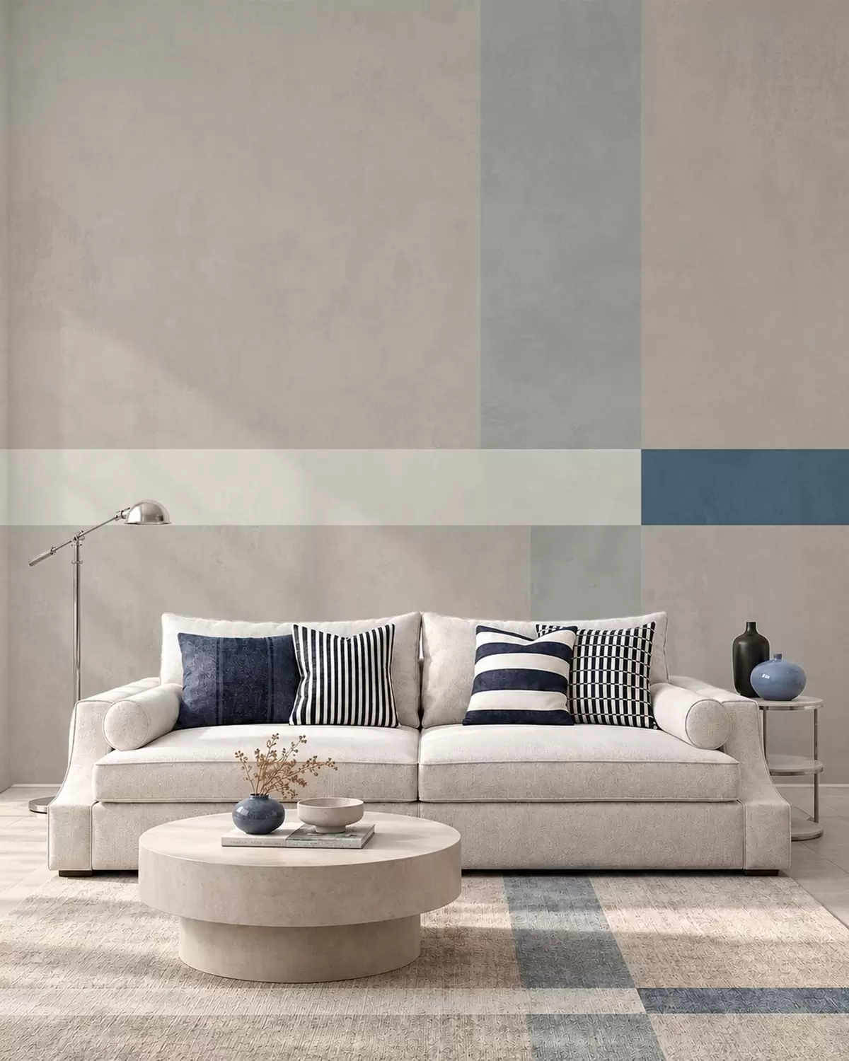 Fotobehang Abstracte beige en grijze rechthoeken met een blauw accent w05891v2