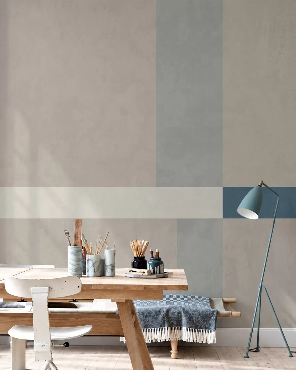 Fotobehang Abstracte beige en grijze rechthoeken met een blauw accent w05891v2