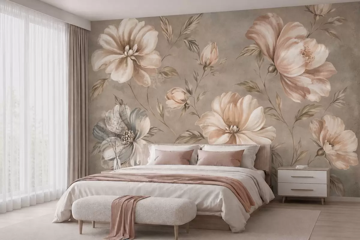 Fotobehang Grote crèmekleurige en beige bloemen met bladeren w05958