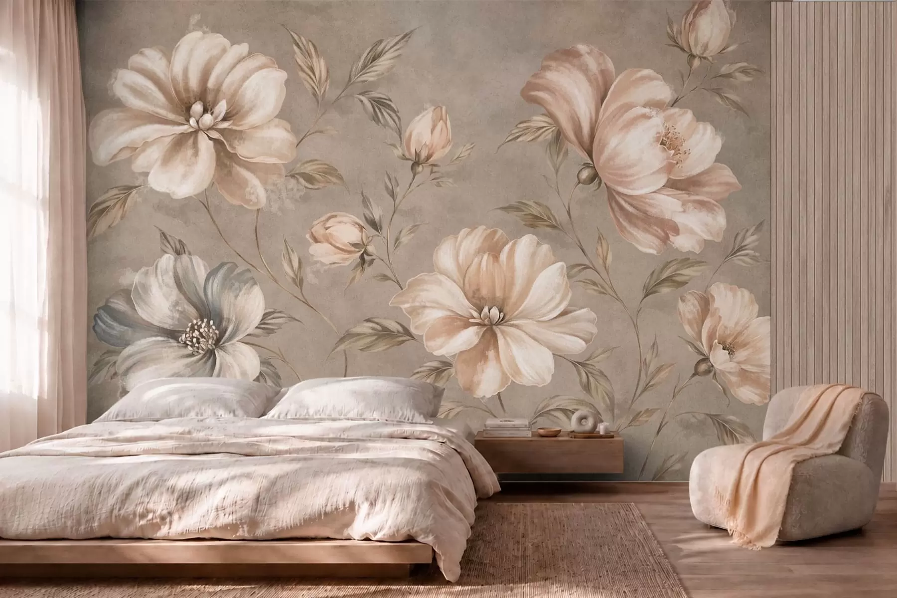 Fotobehang Grote crèmekleurige en beige bloemen met bladeren w05958