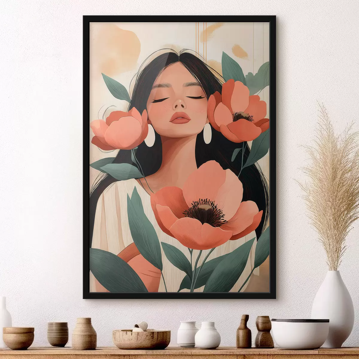 Poster Een meisje met klaprozen f51050