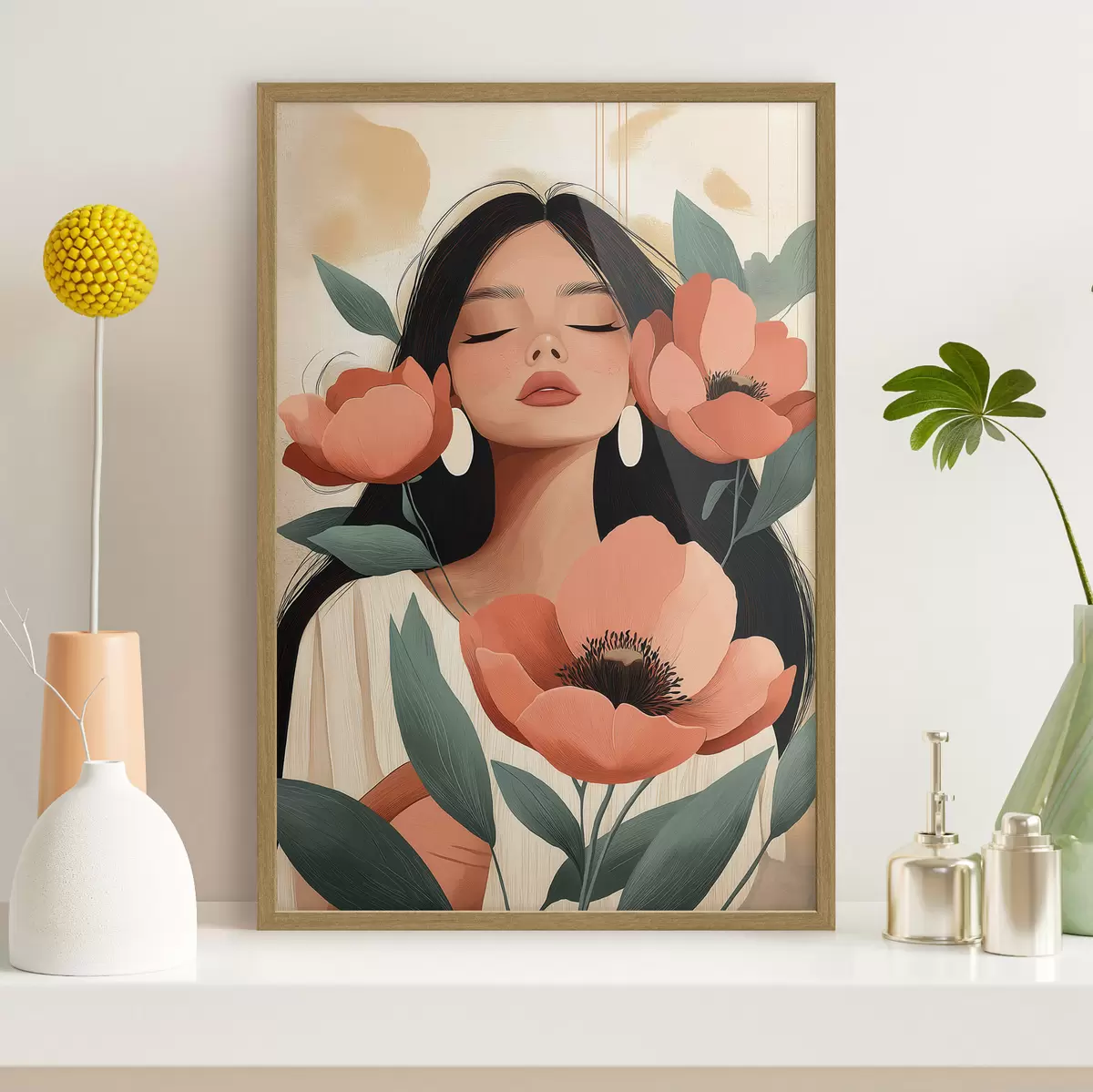Poster Een meisje met klaprozen f51050
