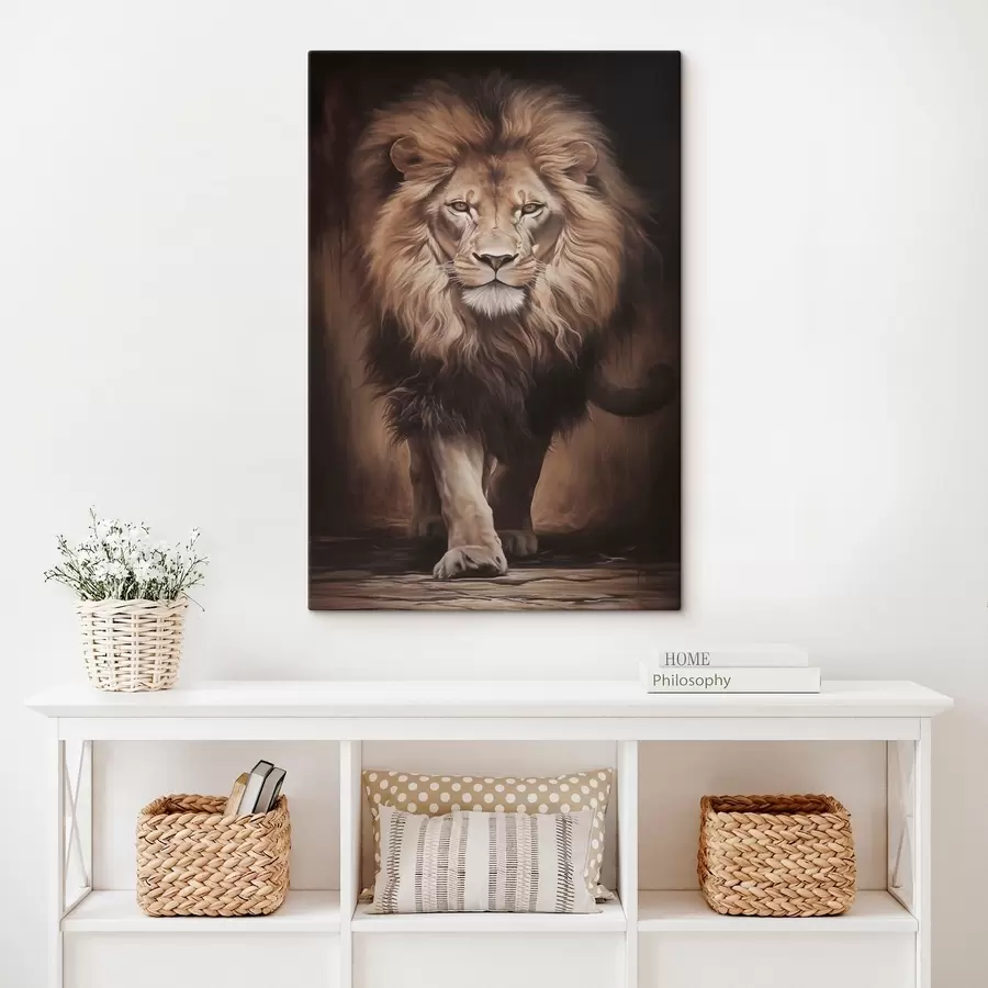  Schilderijen Majestueuze leeuw in een donker interieur s51087