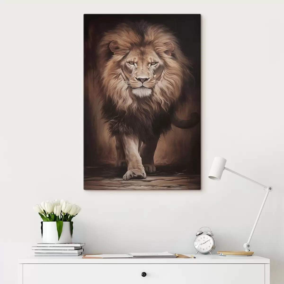  Schilderijen Majestueuze leeuw in een donker interieur s51087