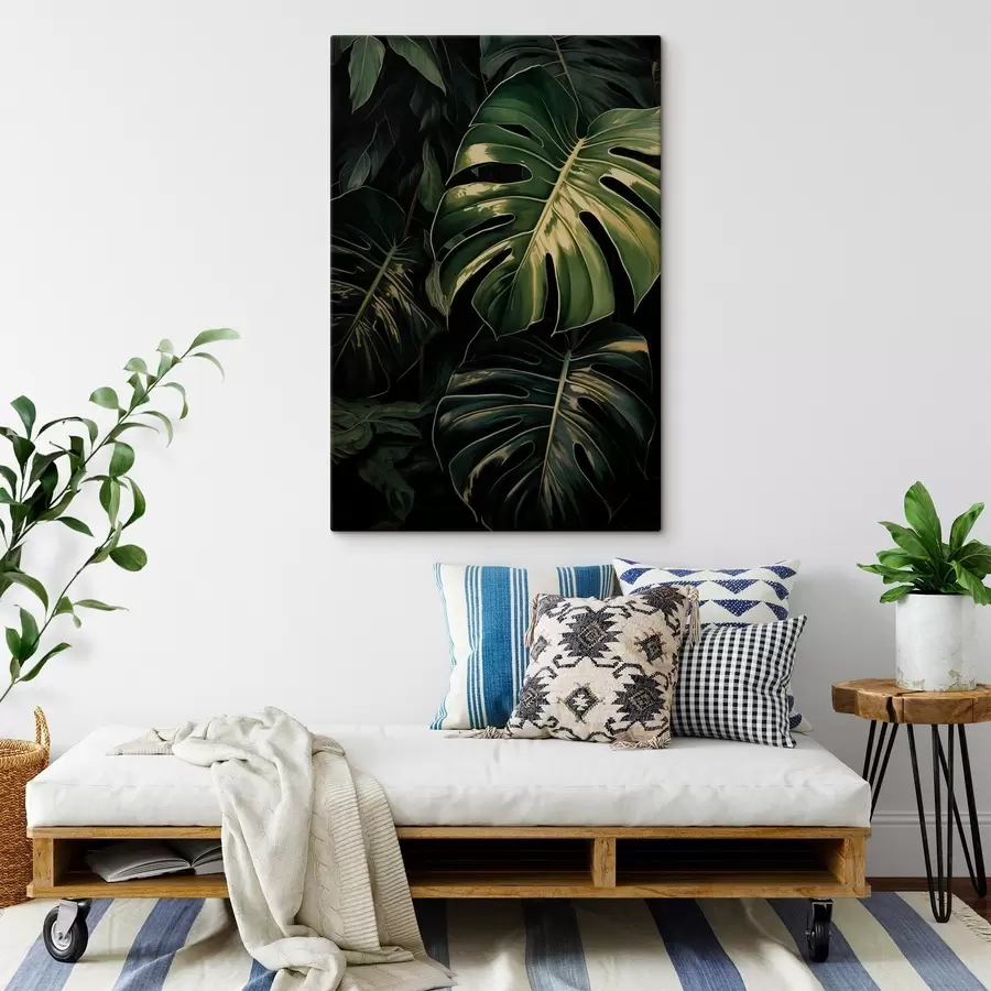  Schilderijen Glanzende Monstera-bladeren in de donkere tropen s51091