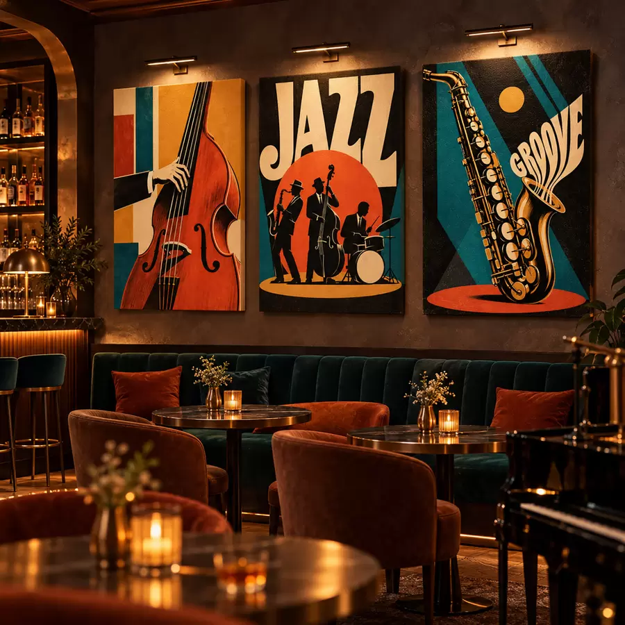  Schilderijen Kunstwerken met een jazzthema, met muzikanten en instrumenten m31114