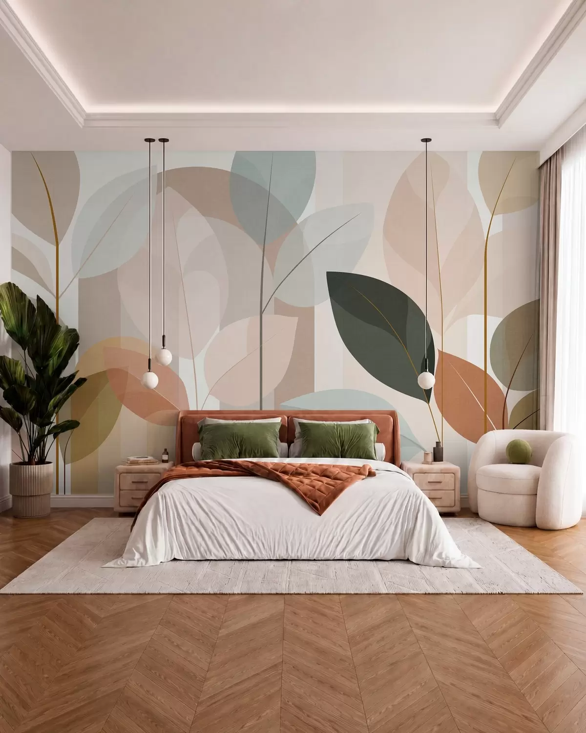 Fotobehang een abstract ontwerp met bladeren in een mat geweven patroon, in tinten beige, terracotta en perzik w05986