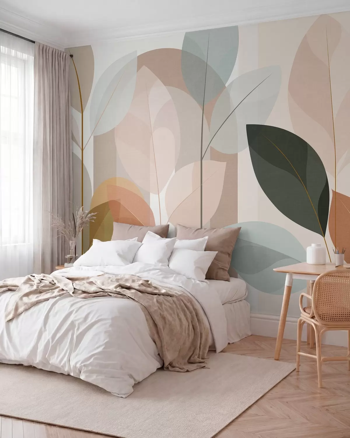 Fotobehang een abstract ontwerp met bladeren in een mat geweven patroon, in tinten beige, terracotta en perzik w05986