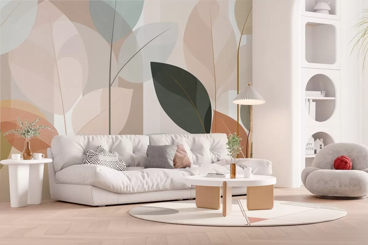 Fotobehang een abstract ontwerp met bladeren in een mat geweven patroon, in tinten beige, terracotta en perzik w05986
