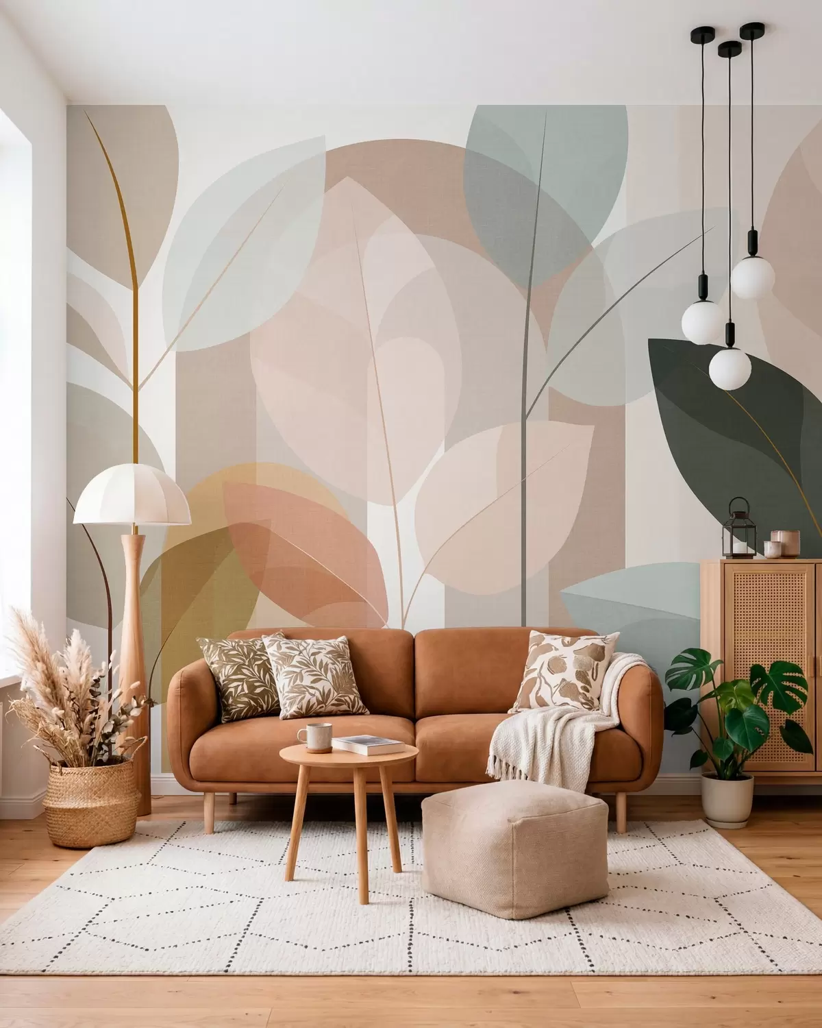 Fotobehang een abstract ontwerp met bladeren in een mat geweven patroon, in tinten beige, terracotta en perzik w05986
