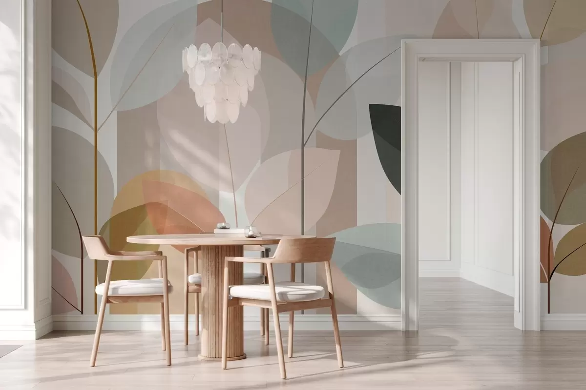 Fotobehang een abstract ontwerp met bladeren in een mat geweven patroon, in tinten beige, terracotta en perzik w05986