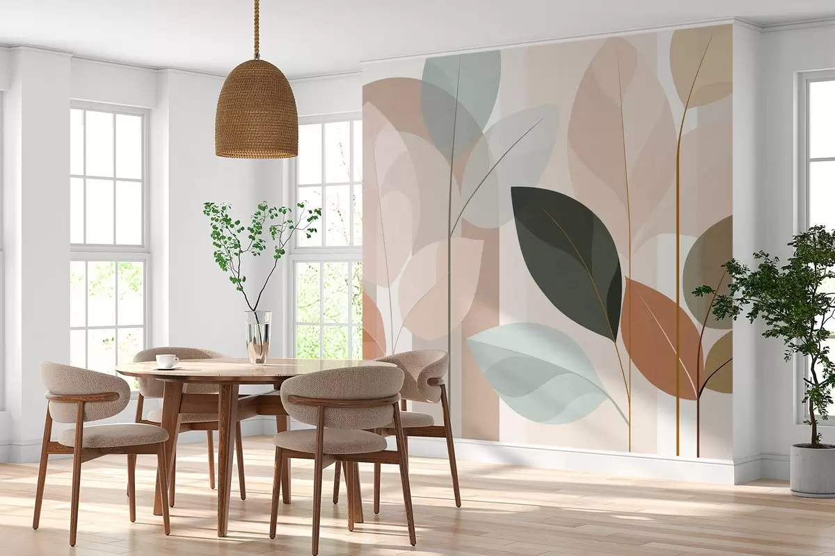 Fotobehang een abstract ontwerp met bladeren in een mat geweven patroon, in tinten beige, terracotta en perzik w05986