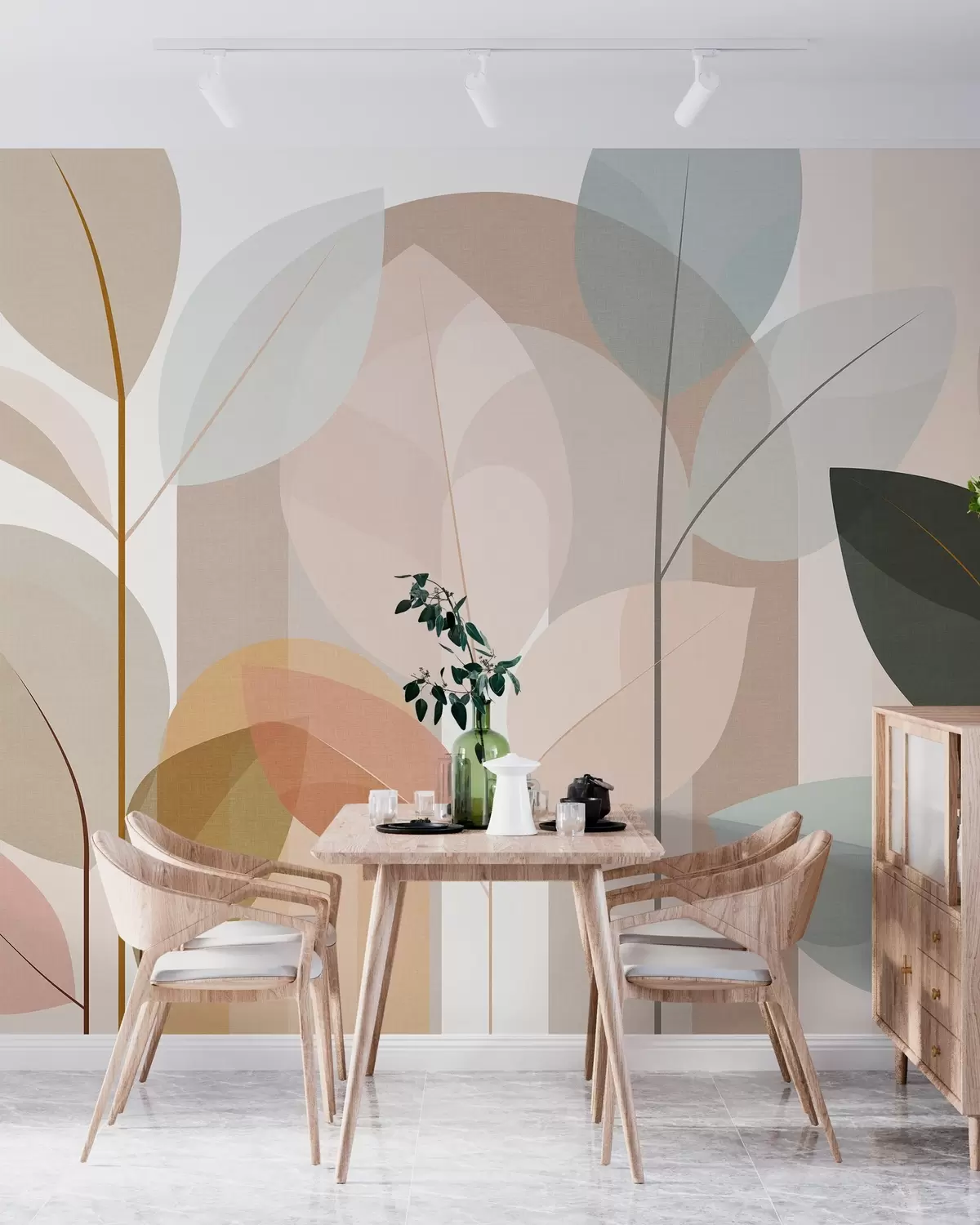 Fotobehang een abstract ontwerp met bladeren in een mat geweven patroon, in tinten beige, terracotta en perzik w05986