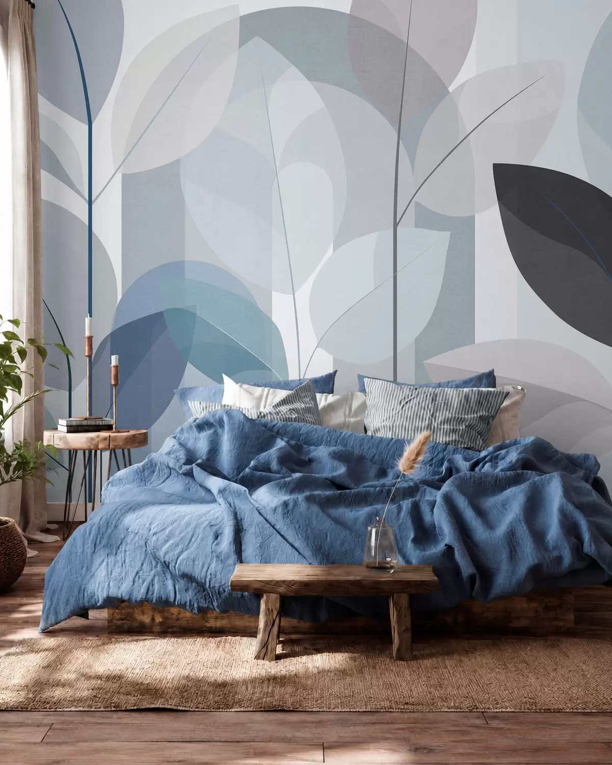 Fotobehang een abstract ontwerp met bladeren in een mat geweven stijl in blauwtinten w05986v2