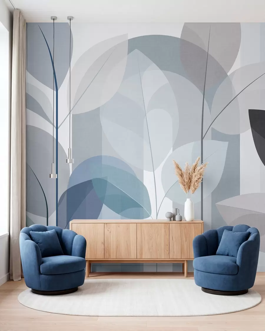 Fotobehang een abstract ontwerp met bladeren in een mat geweven stijl in blauwtinten w05986v2