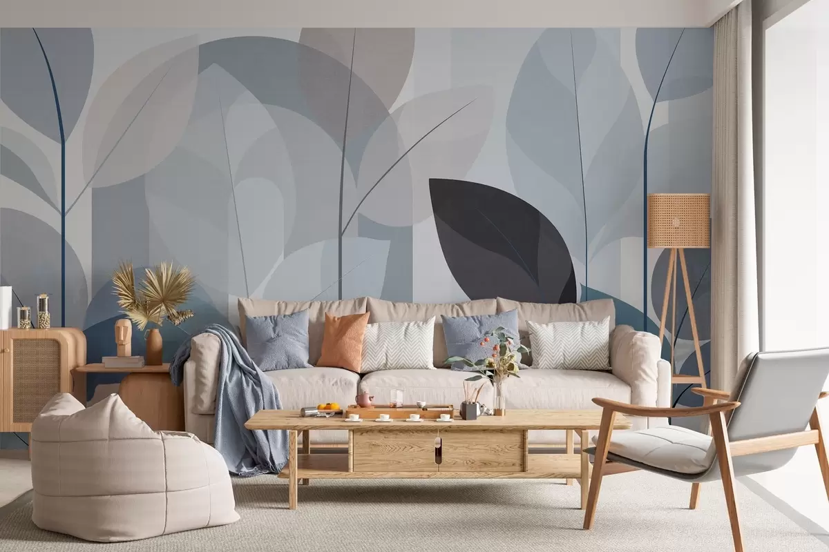 Fotobehang een abstract ontwerp met bladeren in een mat geweven stijl in blauwtinten w05986v2