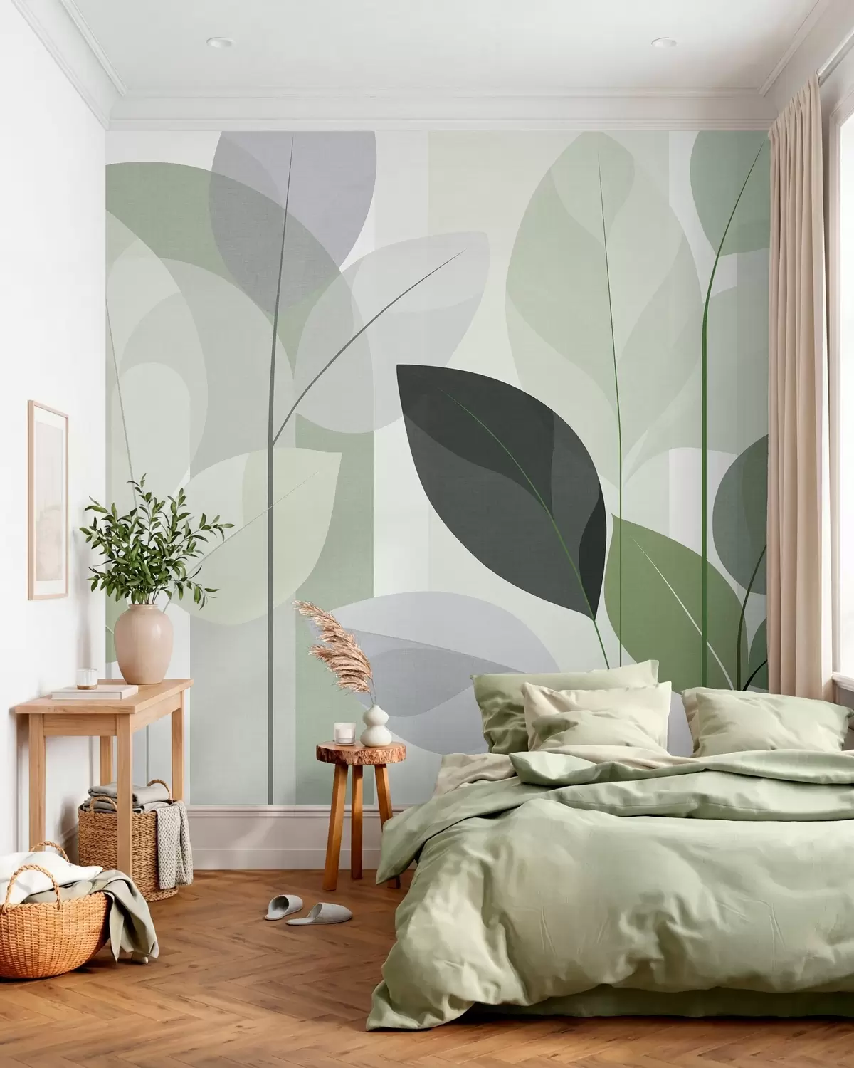 Fotobehang een abstract ontwerp met bladeren in een mat geweven stijl in verschillende tinten groen w05986v1