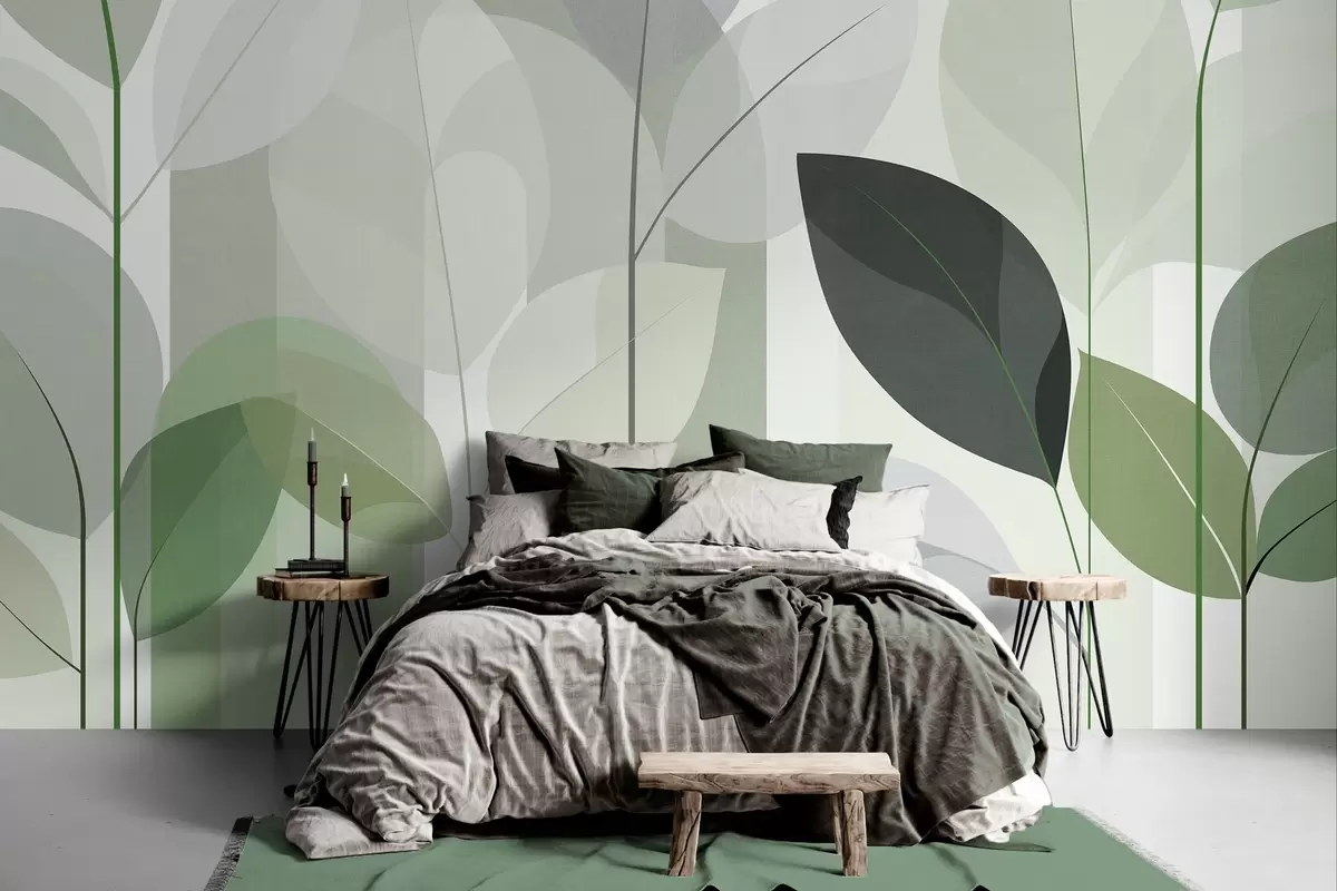 Fotobehang een abstract ontwerp met bladeren in een mat geweven stijl in verschillende tinten groen w05986v1