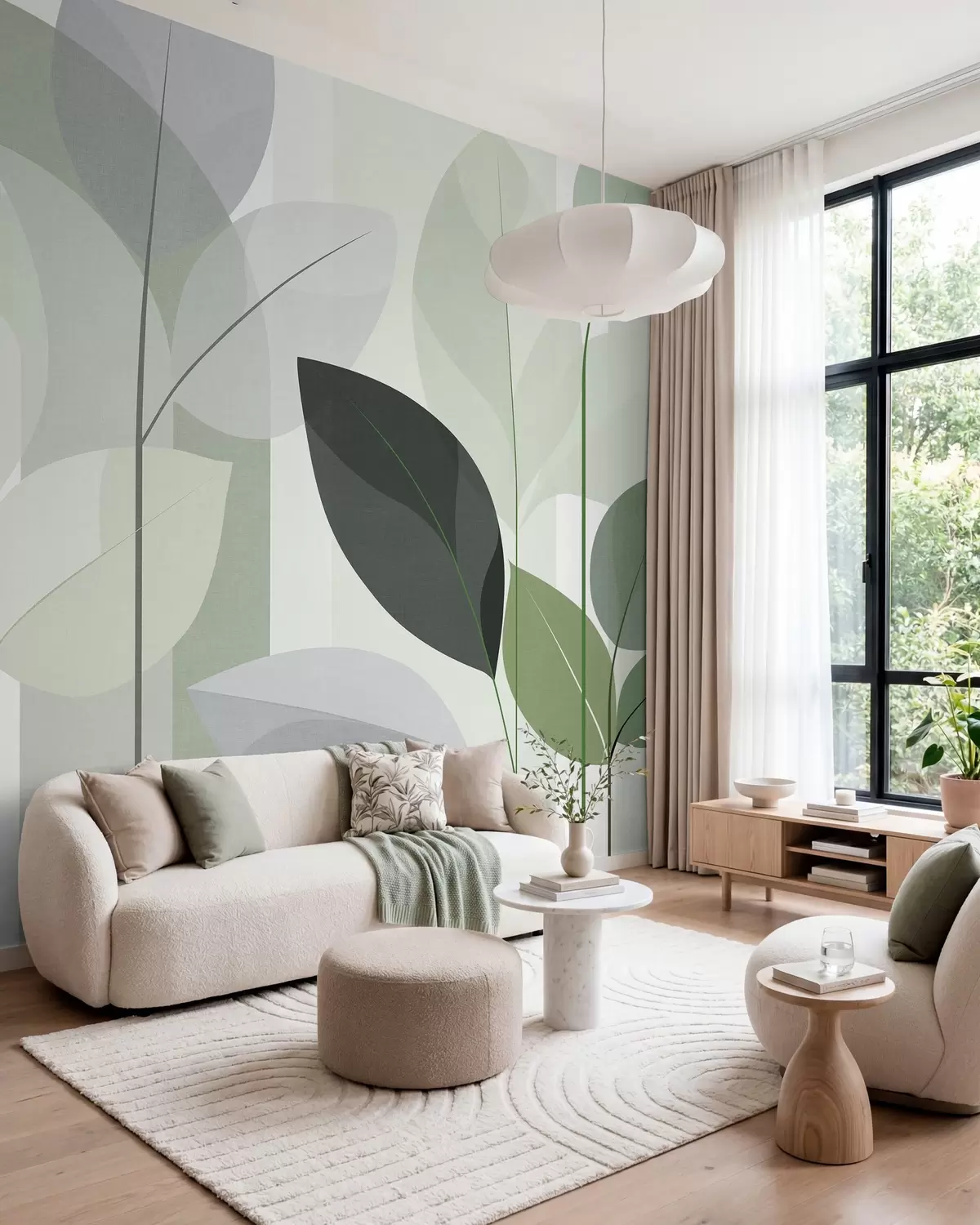 Fotobehang een abstract ontwerp met bladeren in een mat geweven stijl in verschillende tinten groen w05986v1