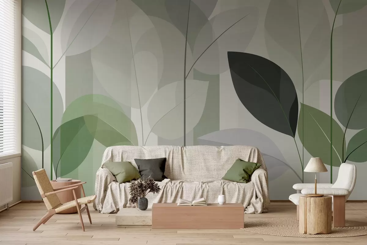 Fotobehang een abstract ontwerp met bladeren in een mat geweven stijl in verschillende tinten groen w05986v1